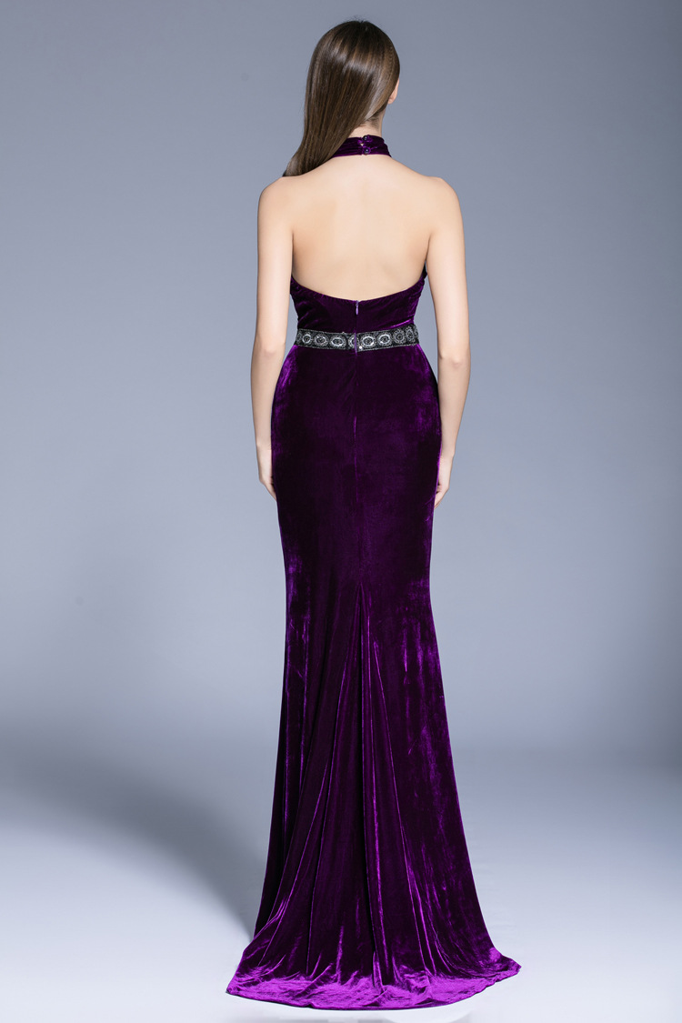 ck536新款时尚挂脖露背性感修身显瘦拖尾天鹅绒鱼尾晚礼服