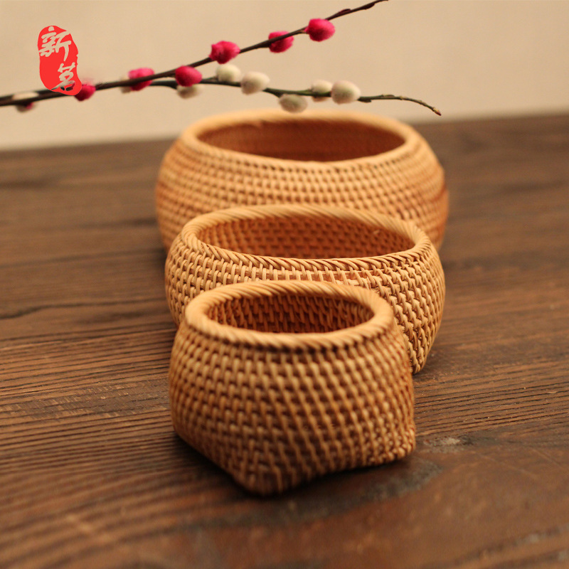 越南纯手工藤编茶点盒果盒收纳盒茶具配件茶道零配饰品盒