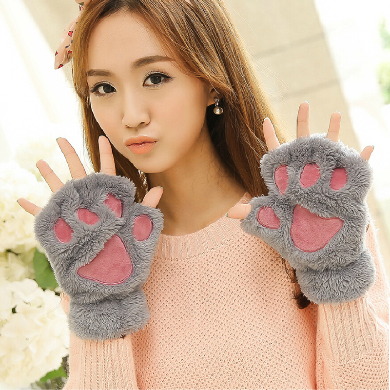 2022 Cat's Paw Gloves Women's Winter Korean Style Cute Girls Open Finger Thickened Warm Hand-Shaped Brush Plush Half Finger Gloves