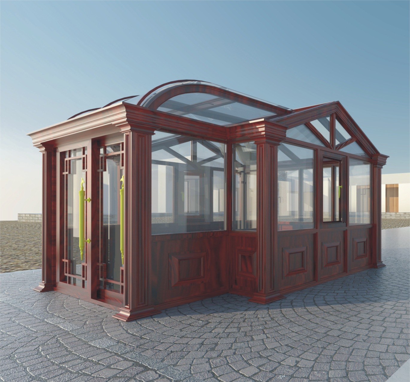 断桥铝阳光房 铝合金 钢化玻璃房 喷涂 木纹 弧形阳光房