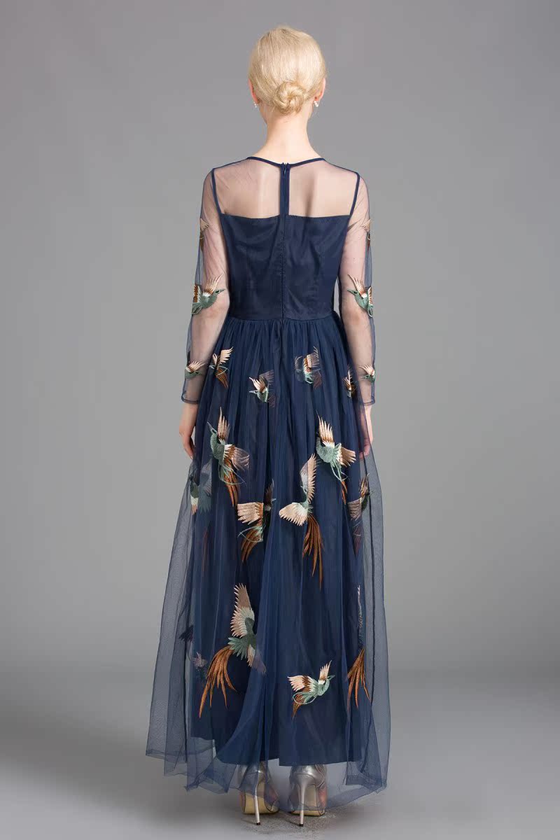 欧美大牌时尚高端气质长裙长袖网纱刺绣凤凰连衣裙1621