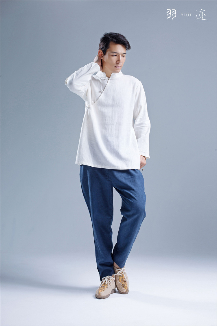 中国风男装 中式改良立领斜襟盘扣长袖男上衣春秋大码亚麻男式t恤