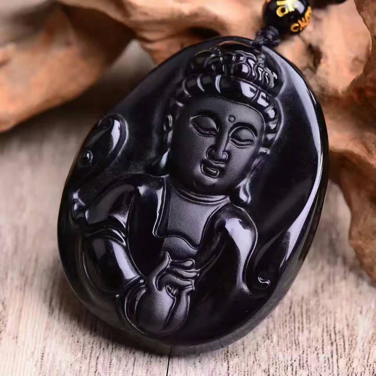 天然冰种黑曜石观音吊坠招财