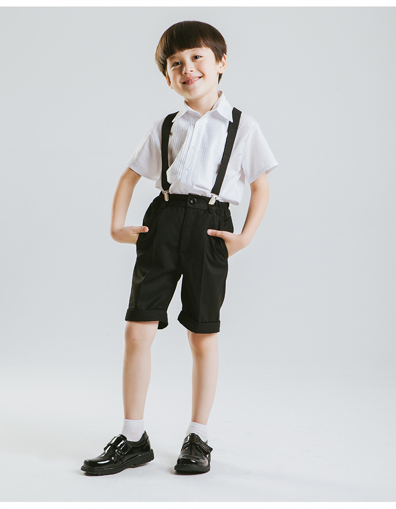 男童背带裤短款儿童礼服短袖衬衫男孩五分裤纯白厂家直供一件代发