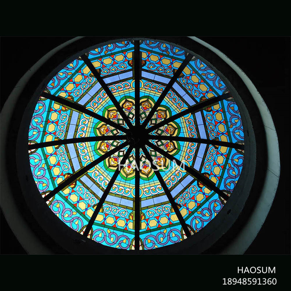 厂家直销钢化中空彩色玻璃教堂穹顶别墅酒店会所大堂吊顶镶嵌玻璃