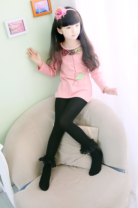 童袜秋冬纯棉女童连裤袜 女孩中小蕾丝花边