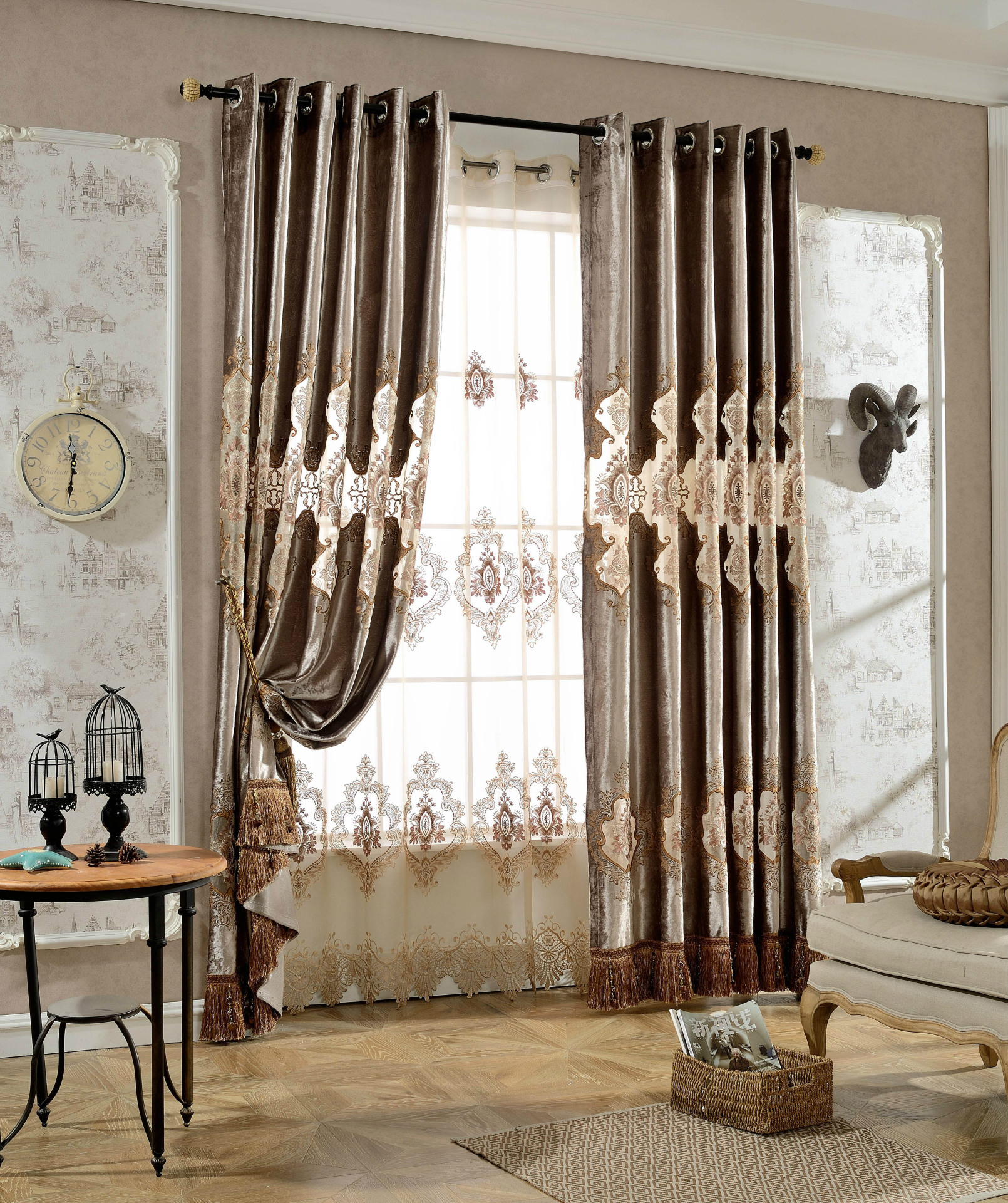 简欧风格绣花半遮光窗帘布批发 卧室粉色窗帘面料柯桥厂家直销