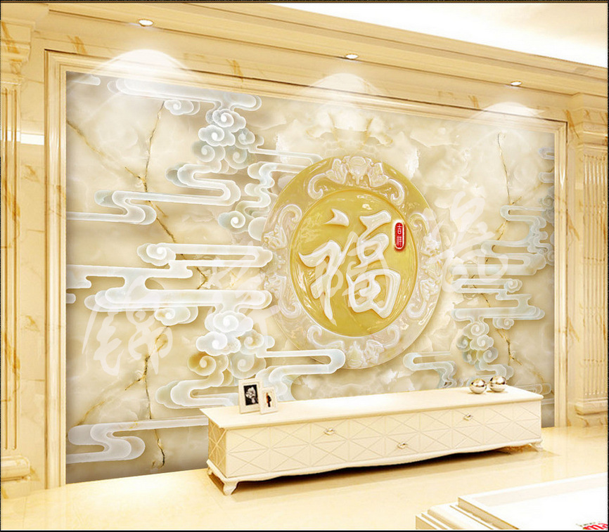 5d玉雕大理石祥福祥云彩雕电视背景墙装饰画-瓷砖产业网