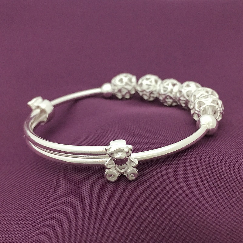 纯银990 串珠手镯 女式纯银 镂空转运珠民族风简约可爱熊节日礼物