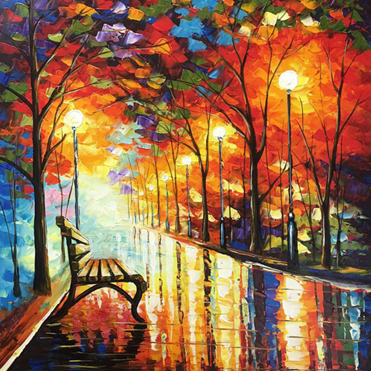 2016手绘街灯长椅宁静道路夜景油画 欧