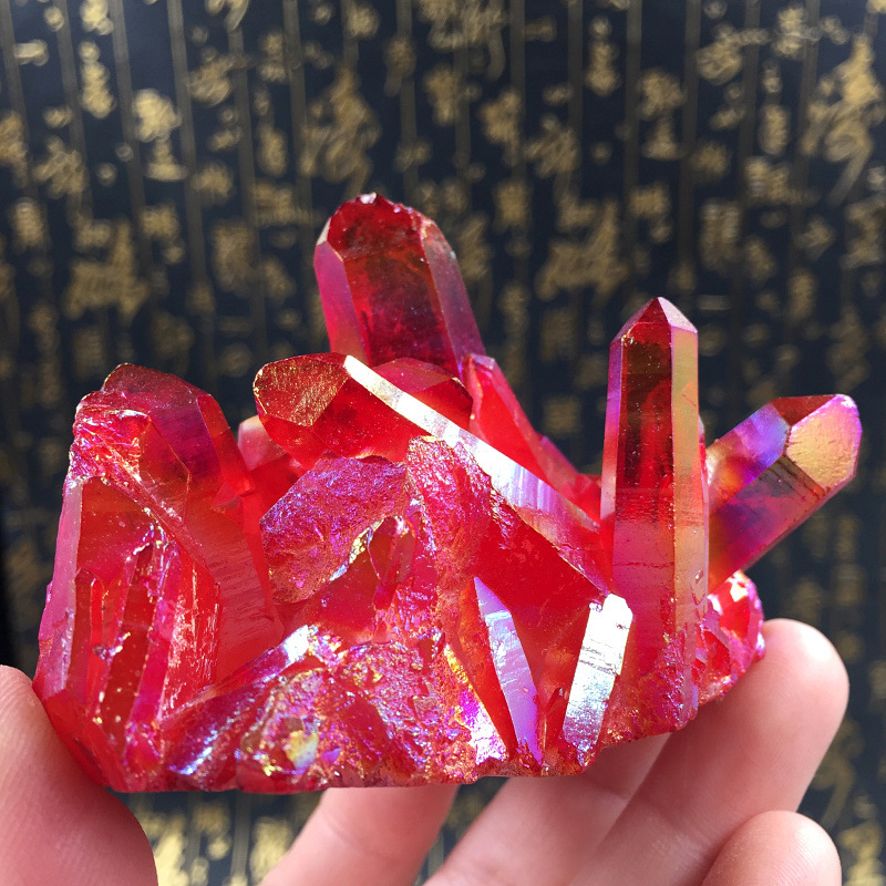天然电镀七彩虹 红水晶簇水晶柱消磁净化招财风水摆件