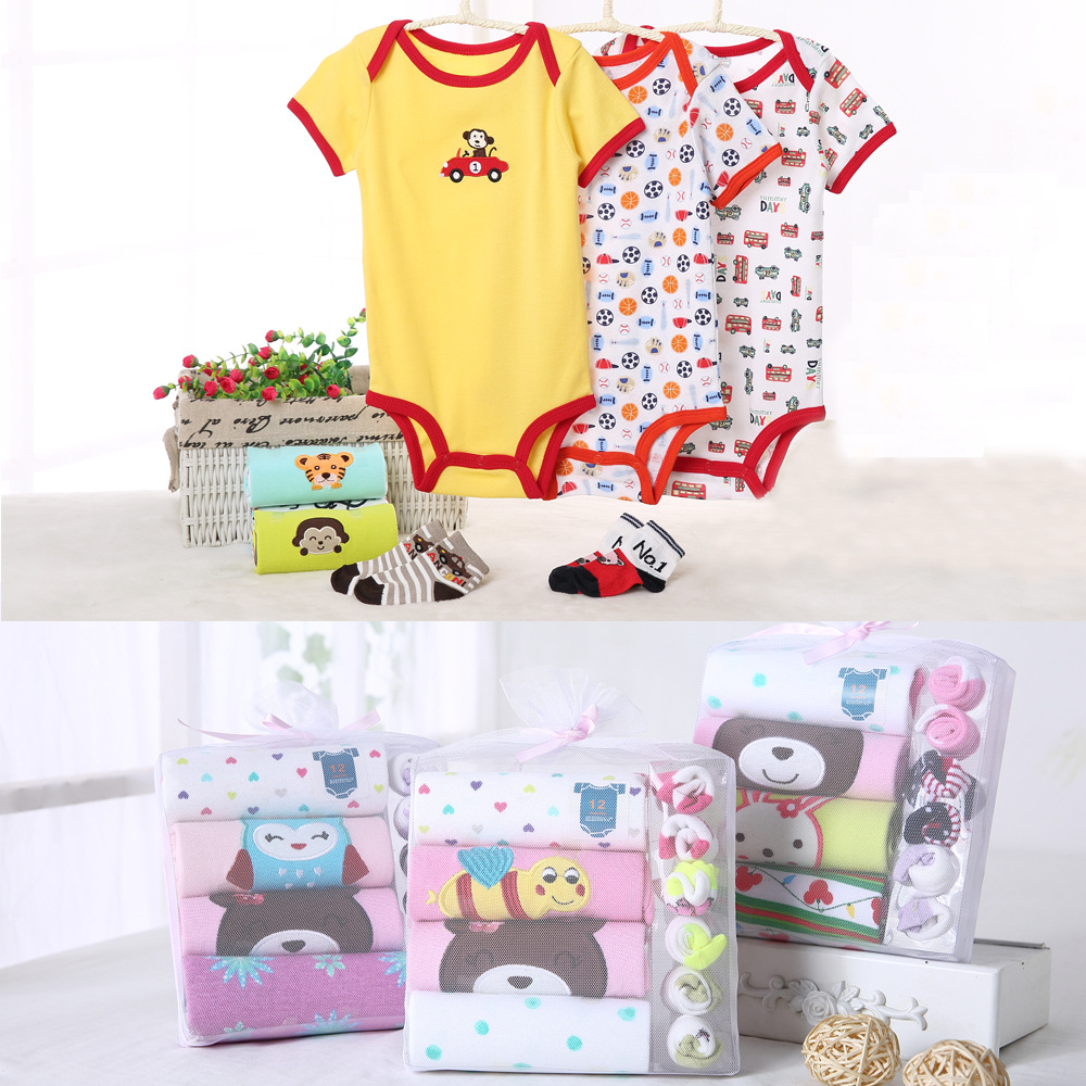 Foreign Trade Cross-Border Wholesale Spring and Autumn New Online Bag Baby Romper 4 Pieces Short Sleeved Kazakhstan plus 6 Square Towel Gift Box