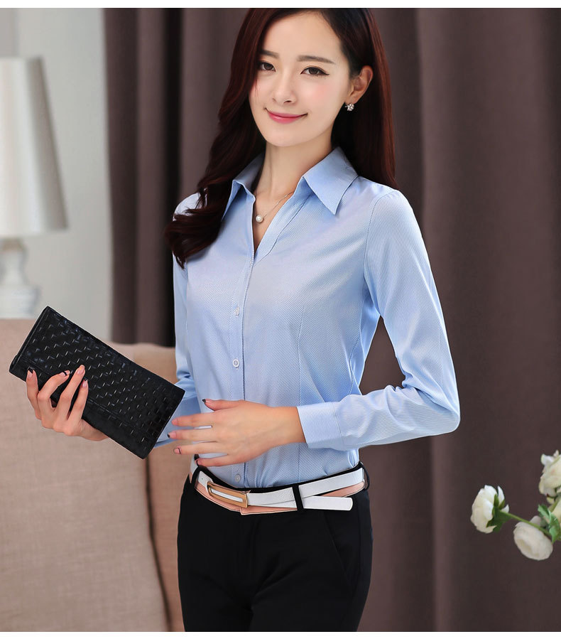 春季职业白衬衫女长袖工装学生行政面试正装修身韩范ol工作服v领