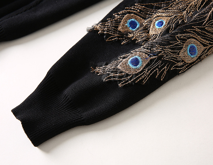 2016欧洲站套装女装欧美重工刺绣贴布孔雀羽翎针织衫 长裤18441