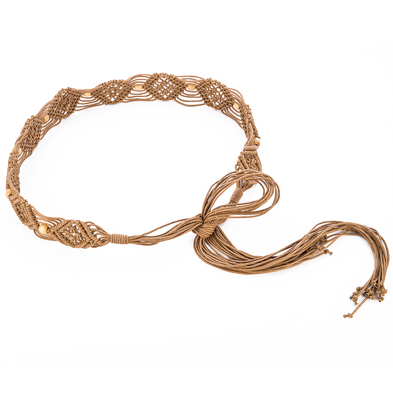 新款原创纯手工蜡绳和木珠编织腰链民族风腰带配波西米亚长裙腰链