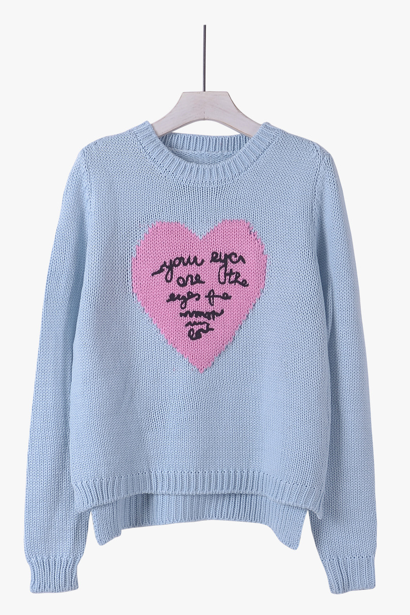 韩国东大门2016秋季新款时尚百搭字母心形提花圆领套头针织毛衣