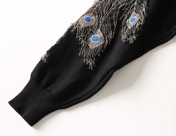 2016欧洲站套装女装欧美重工刺绣贴布孔雀羽翎针织衫 长裤18441