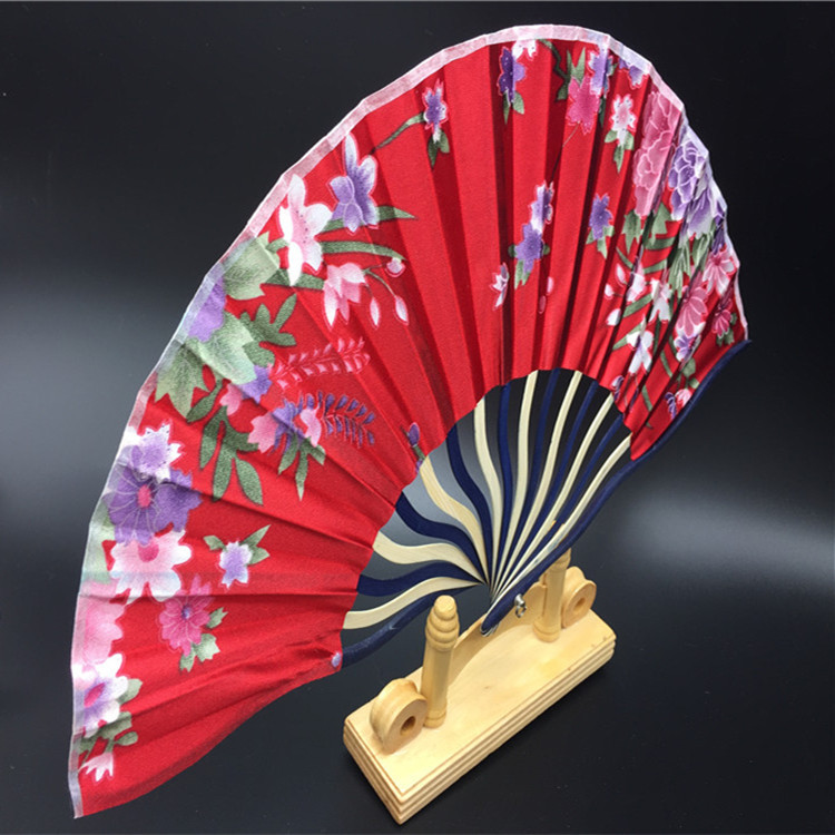 中国风女士折叠扇子 古典双色龙骨刀扇 光滑绸布扇 创意弯杆刀扇