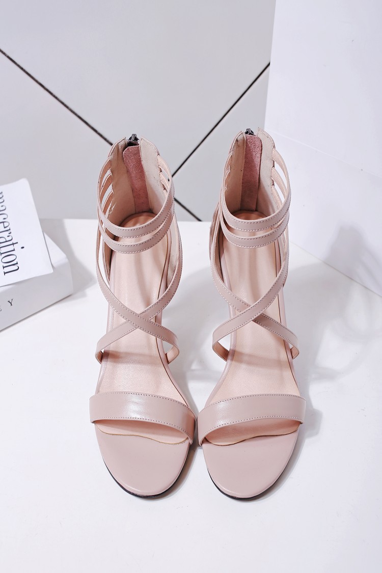 2016欧美夏季新品真皮罗马绑带纯色后拉链高跟凉鞋女批发