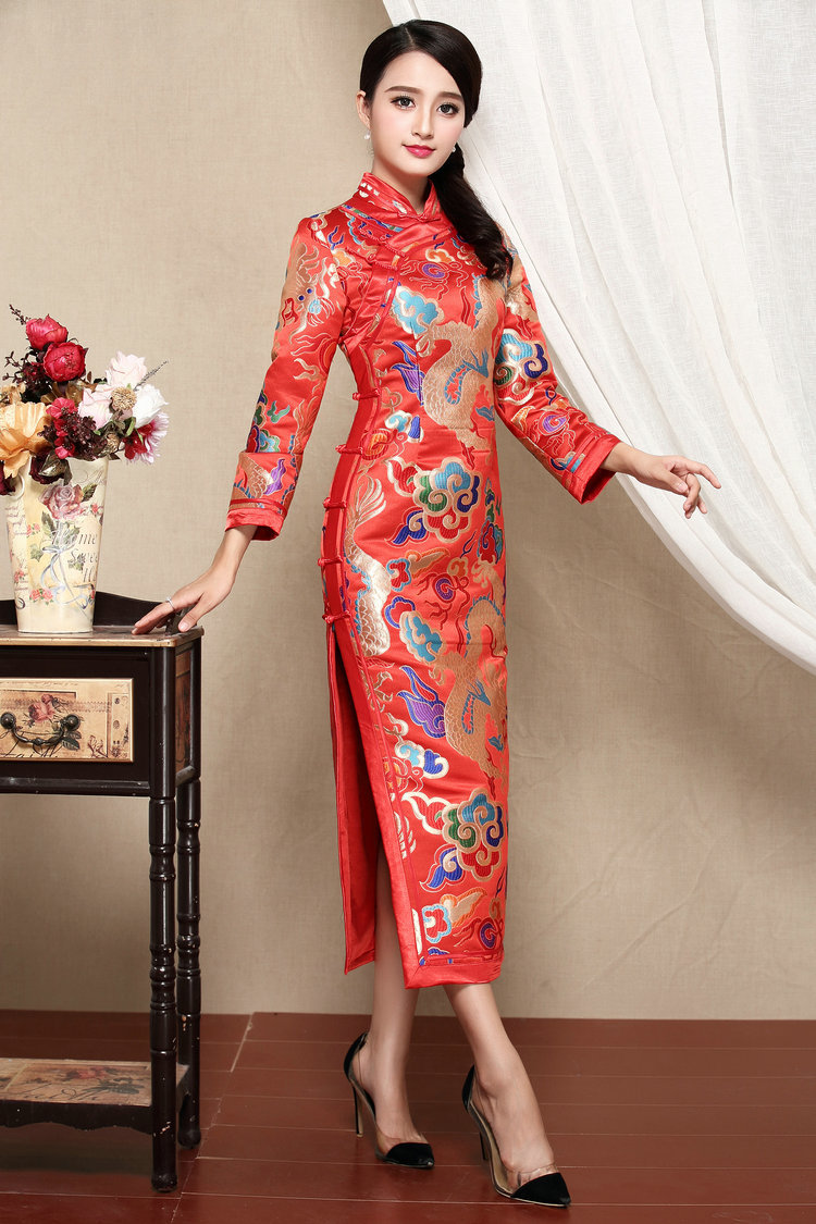 复古唐装长袖织锦缎开衩长款旗袍裙货号yk20161037