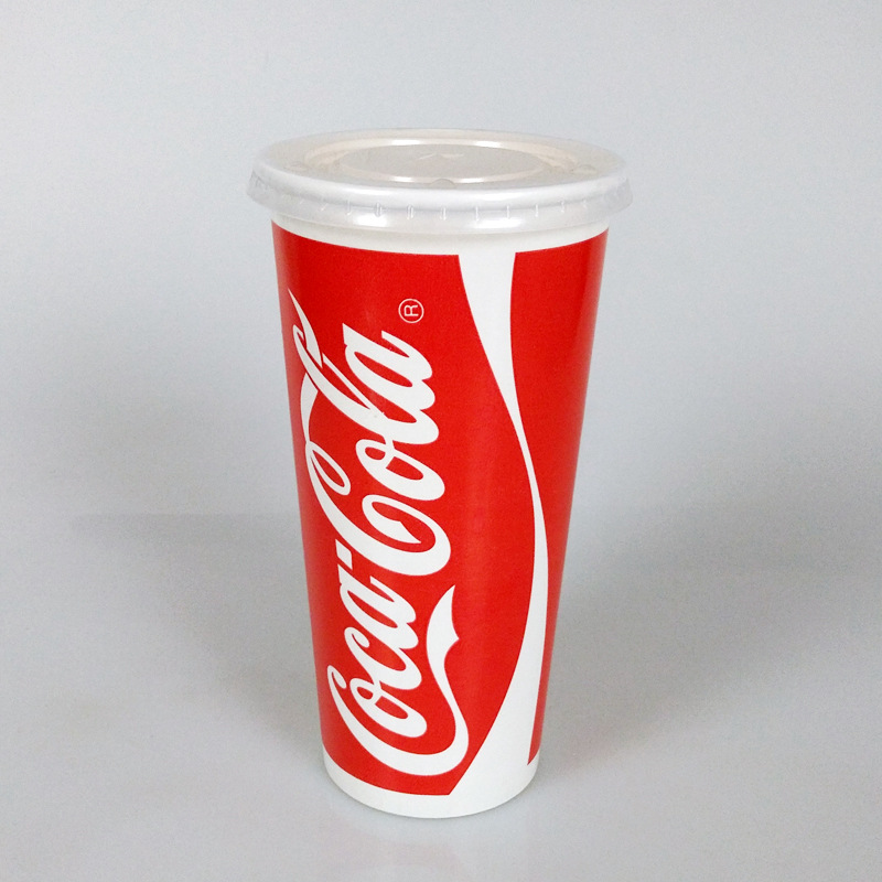 批发90mm口径22盎司700ml一次性可口可乐饮料纸杯子双p 带平盖