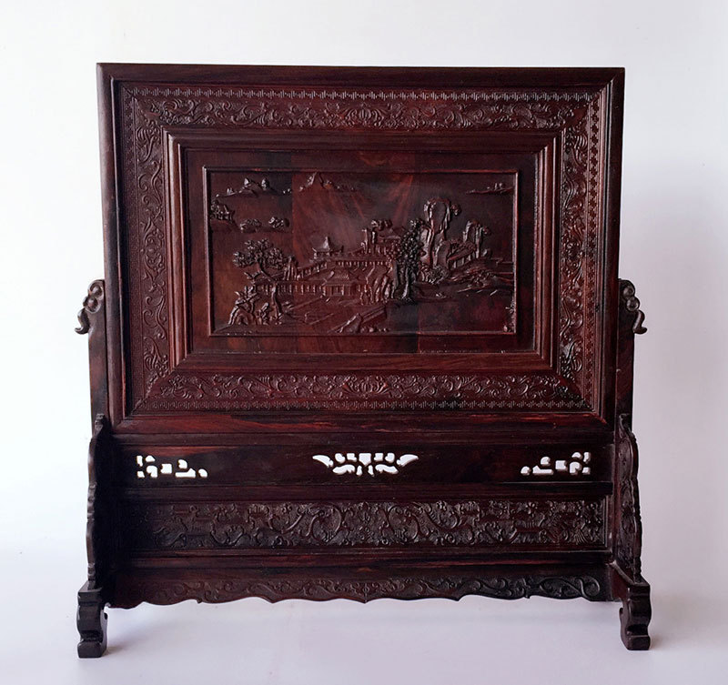 红酸枝屏风 红木工艺品台屏 木雕刻插屏实木质雕花摆件山水楼阁