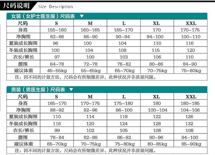 护士服尺码对照表图片