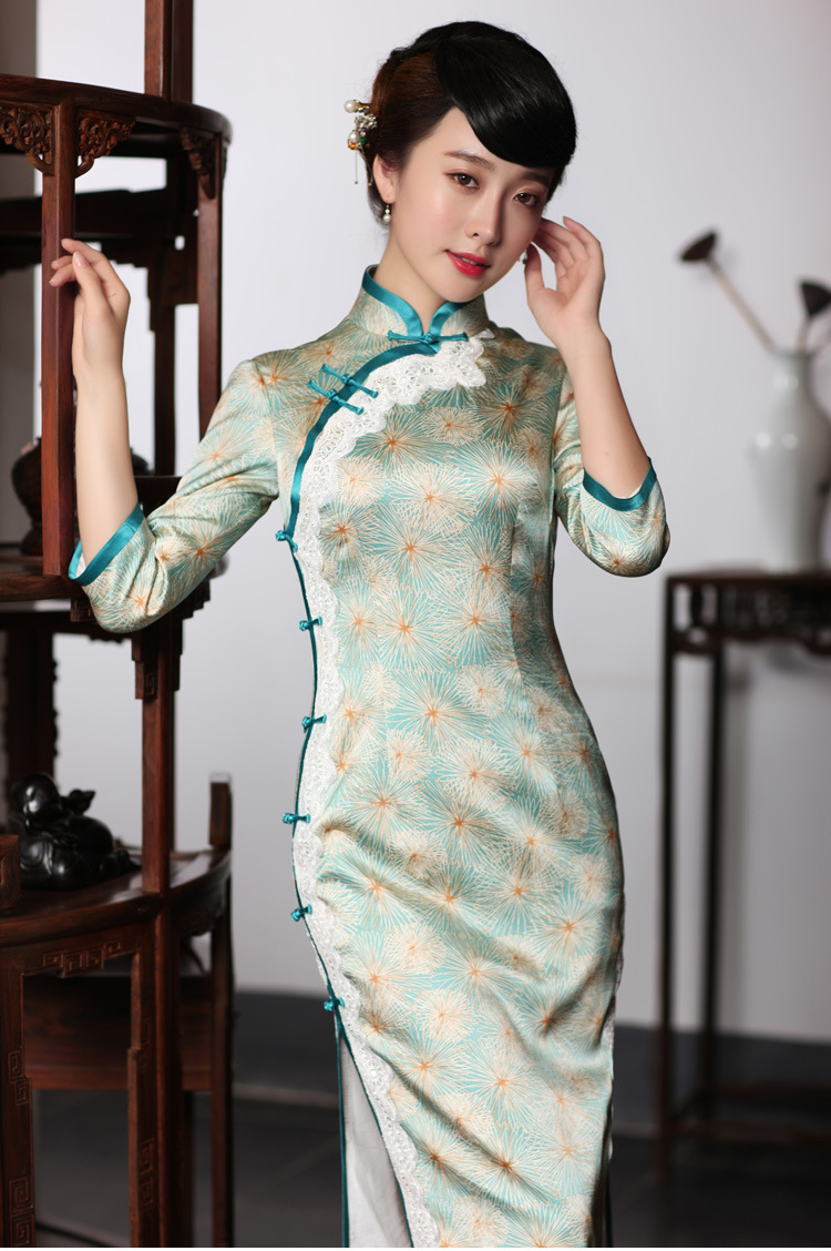 蝶恋2016春夏装新款 时尚改良拼接旗袍裙 复古修身长款.