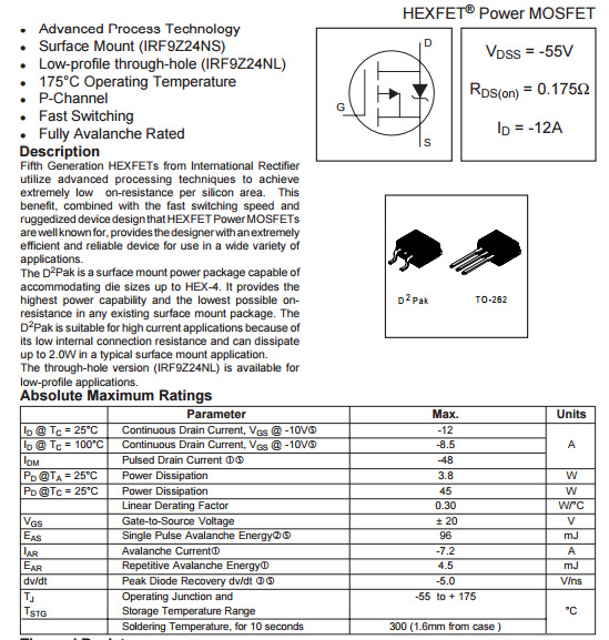 irf9z24ns贴片场效应f9z24ns 55v12a pnp三极管全新现货