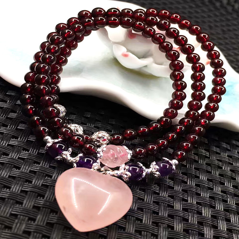 自然女人石4mm石榴石配可爱粉晶心形吊坠三圈时尚手链-阿里巴巴