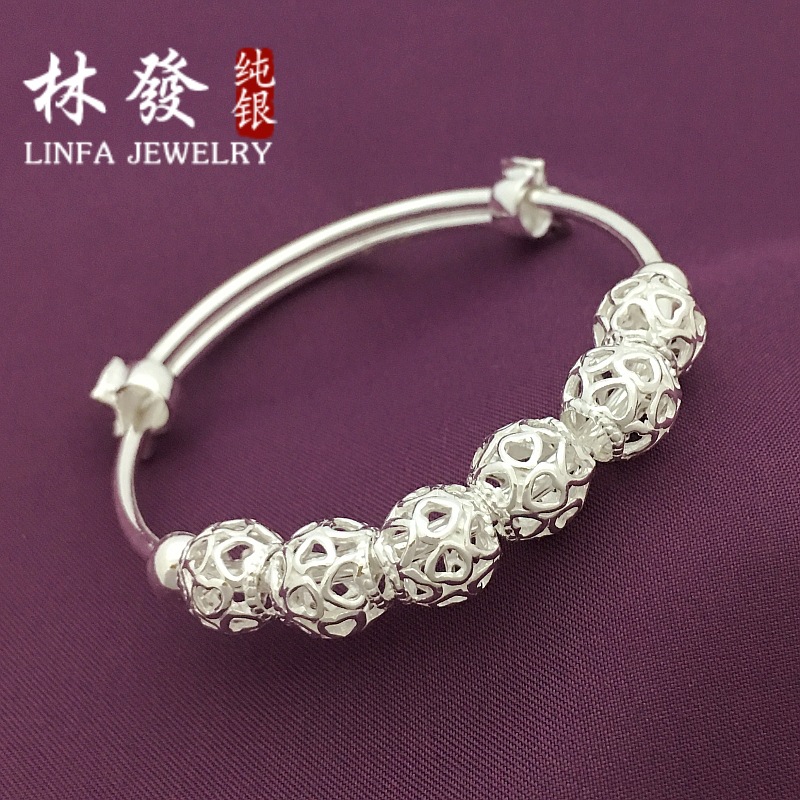 纯银990 串珠手镯 女式纯银 镂空转运珠民族风简约可爱熊节日礼物