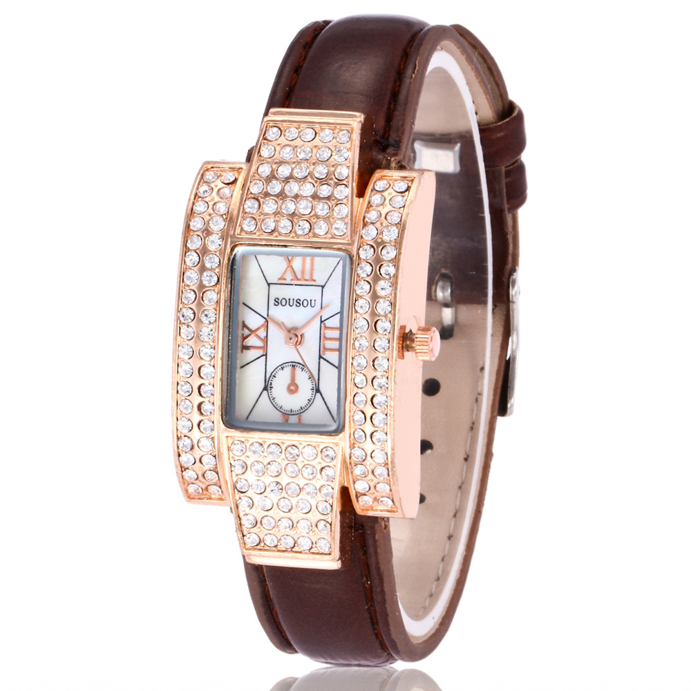 韩版sousou时尚女士时装表 镶满钻长方形表盘手表 休闲石英手表