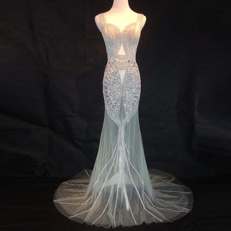 厂家定制 2020新款外贸透明抹胸拖尾晚礼服 宴会舞会晶饰敬酒礼服