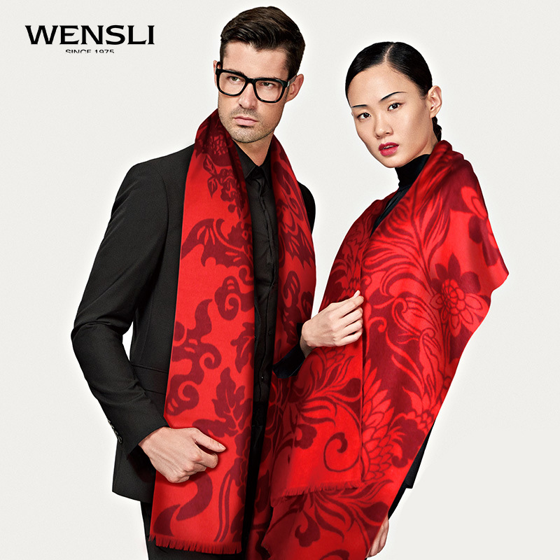 wensli/万事利 真丝绒围巾 祈福彩红围巾 开门红上市年会庆典会议