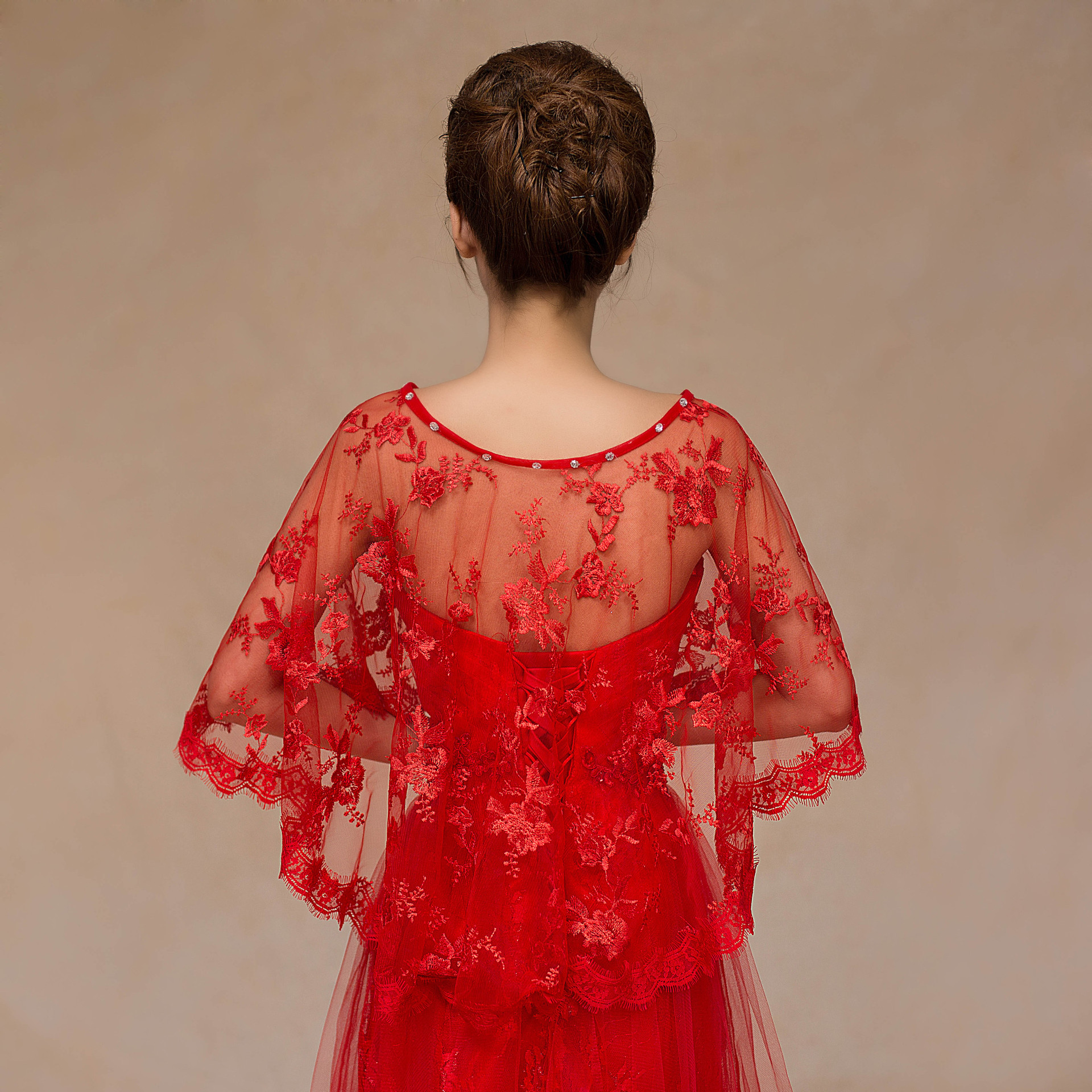 红色蕾丝纱披肩韩式婚纱配件新娘结婚披肩 支持亚马逊速卖通混批