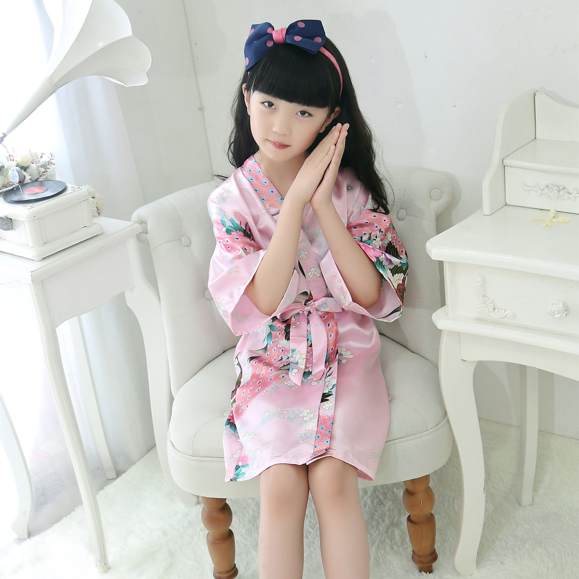Children's Peacock Kimono Silk Nightgown Pajamas