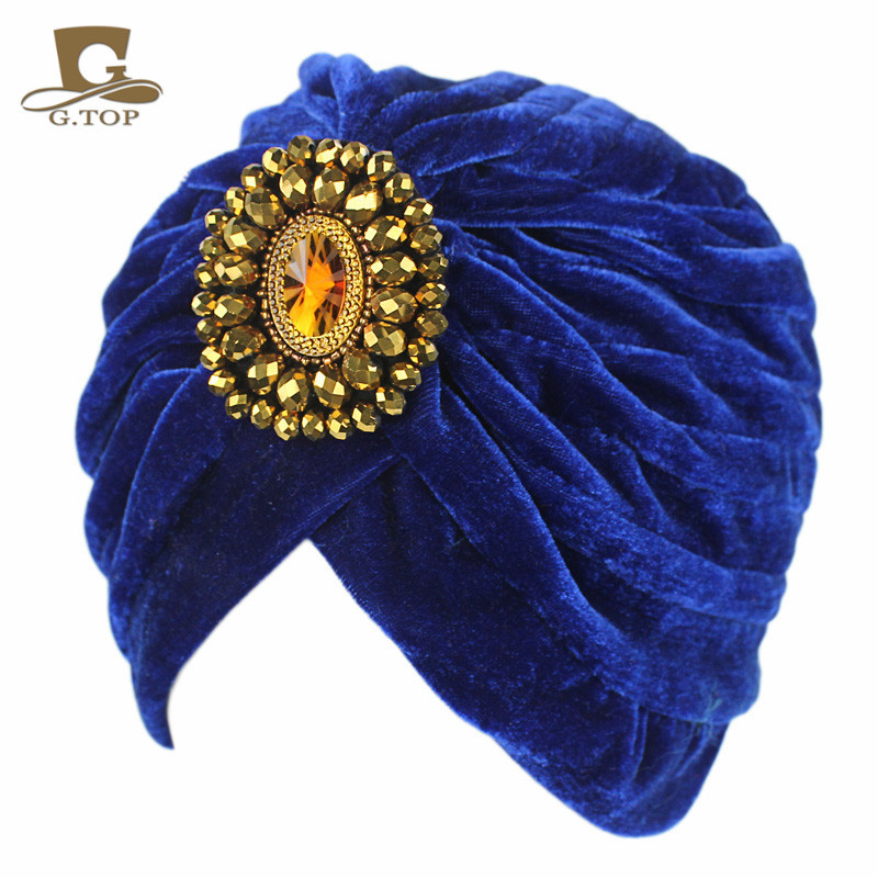 金色珠钻 金丝绒印度帽子头巾帽 套头帽 欧美流行头饰