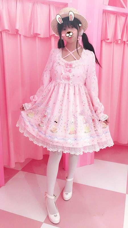 2018新款甜点兔主题印花lolita绑带op连衣裙 日系甜美公主裙 现货