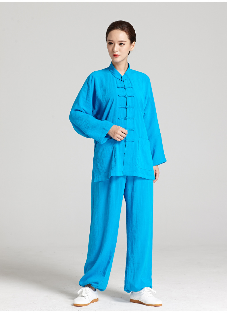 中国风唐装秋季成人太极服 女式太极拳练功服 亚麻武术表演服套装
