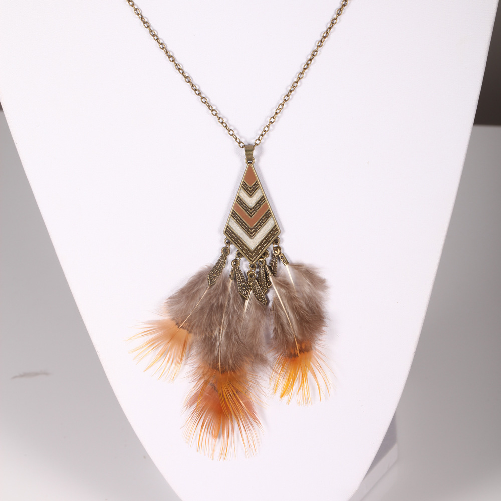 厂家直销欧美外贸原单复古羽毛长款项链镶钻毛衣链混批hy-1939