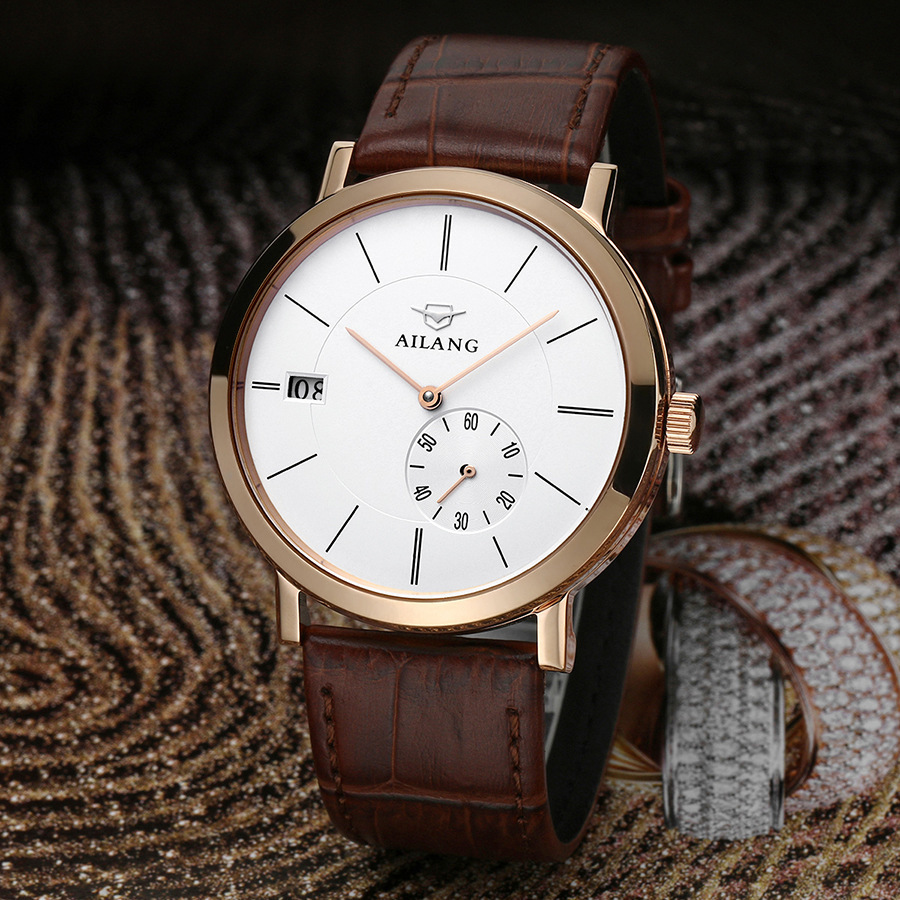 艾浪名表精简两针半男士商务表防水真皮自动机械表奢华蓝宝日历表
