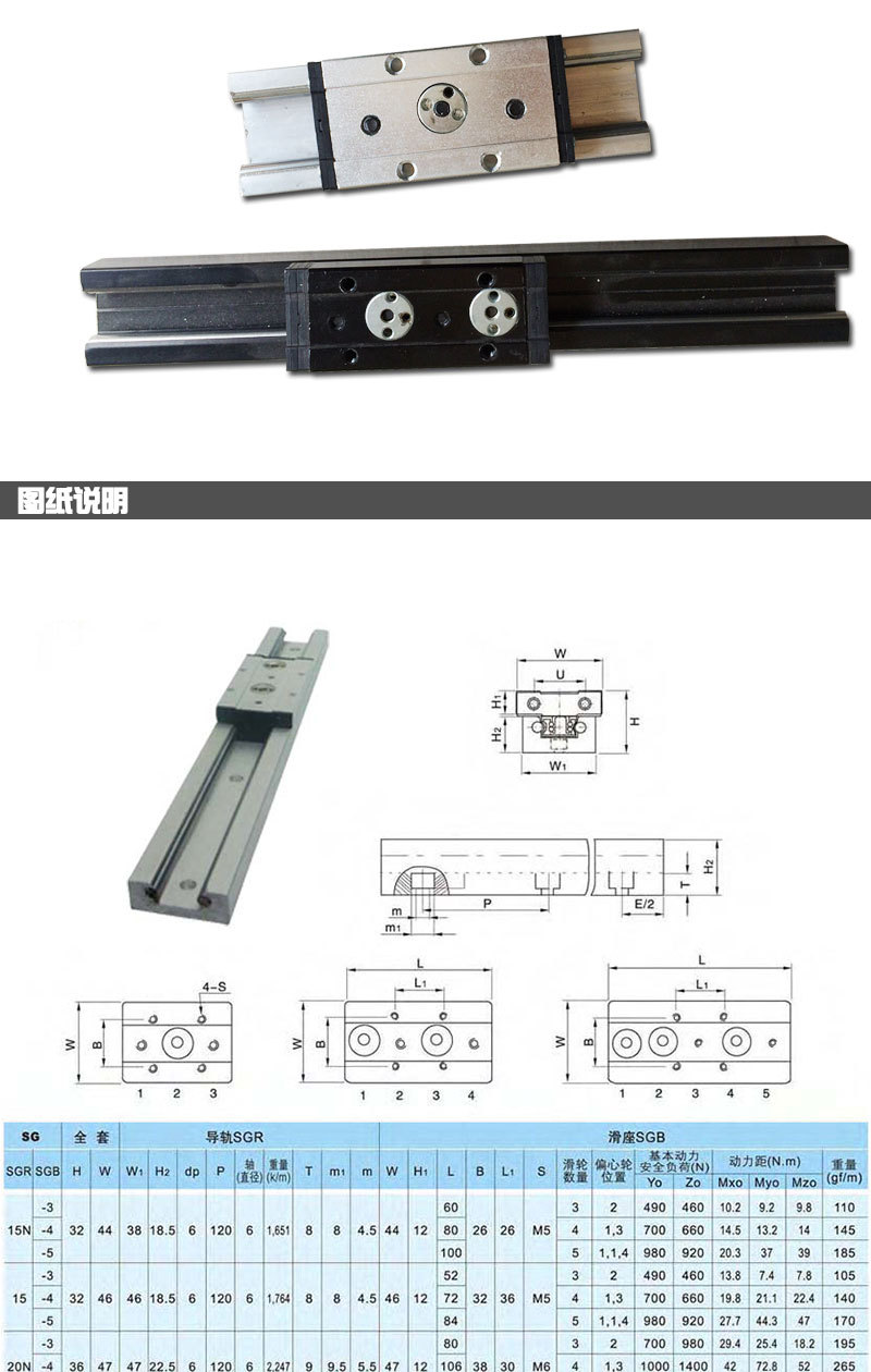 内置方形双轴心滚轮直线导轨 sgr15n双轴芯导轨 直线滑轨线性导轨