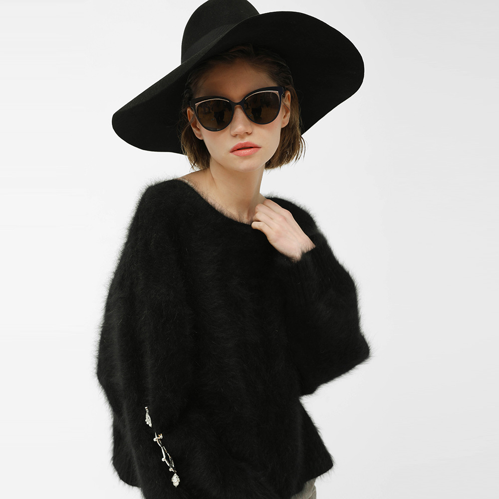 双面长毛貂绒 针织 经典黑白 宽松保暖 船领套头毛衣