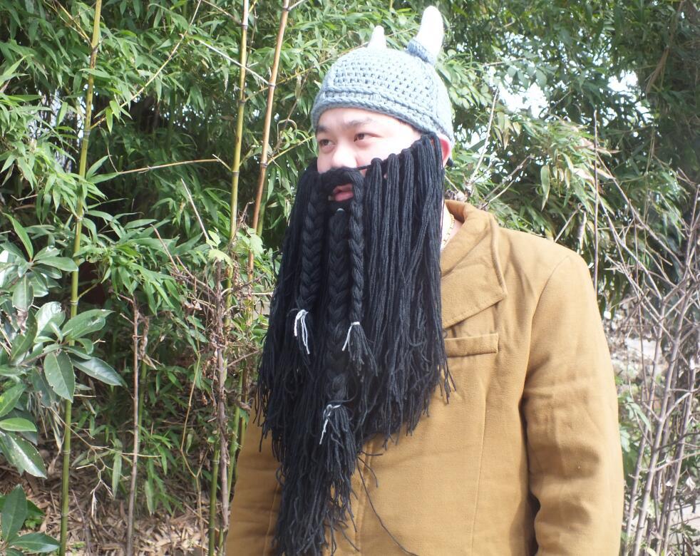 外贸个性维京帽子 大胡子帽辫子帽 圣诞手工毛线编织牛角帽批发