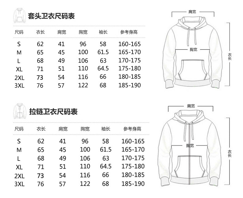 男士卫衣尺码表大全图片