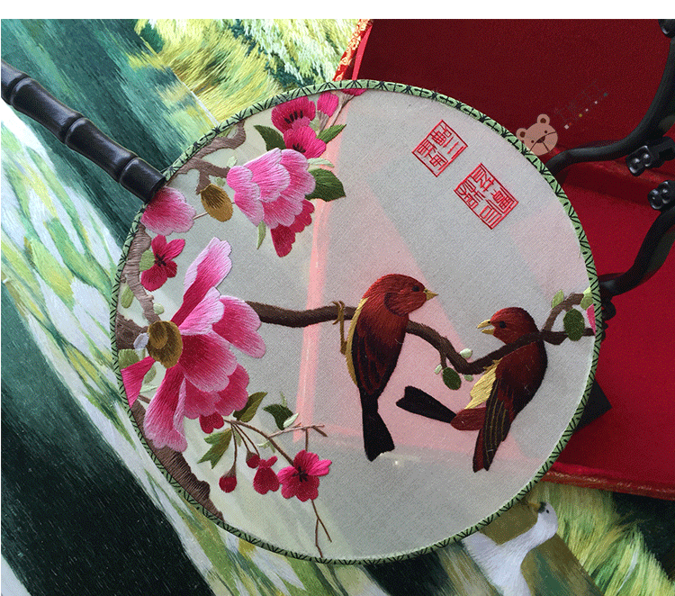 镇湖纯手工双面绣真丝刺绣二花草 鱼蒲扇宫扇批发多买多优惠