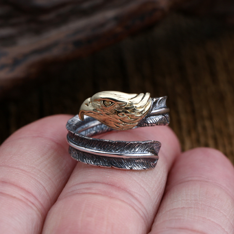 工厂批发s925纯银饰品复古时尚泰银戒指 个性羽毛霸气鹰头开口戒