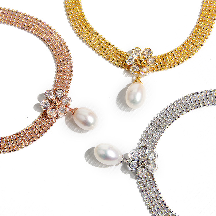 【欧美首饰批发】indulge天然珍珠系列 铜底镀金镶嵌珍珠锆石项链