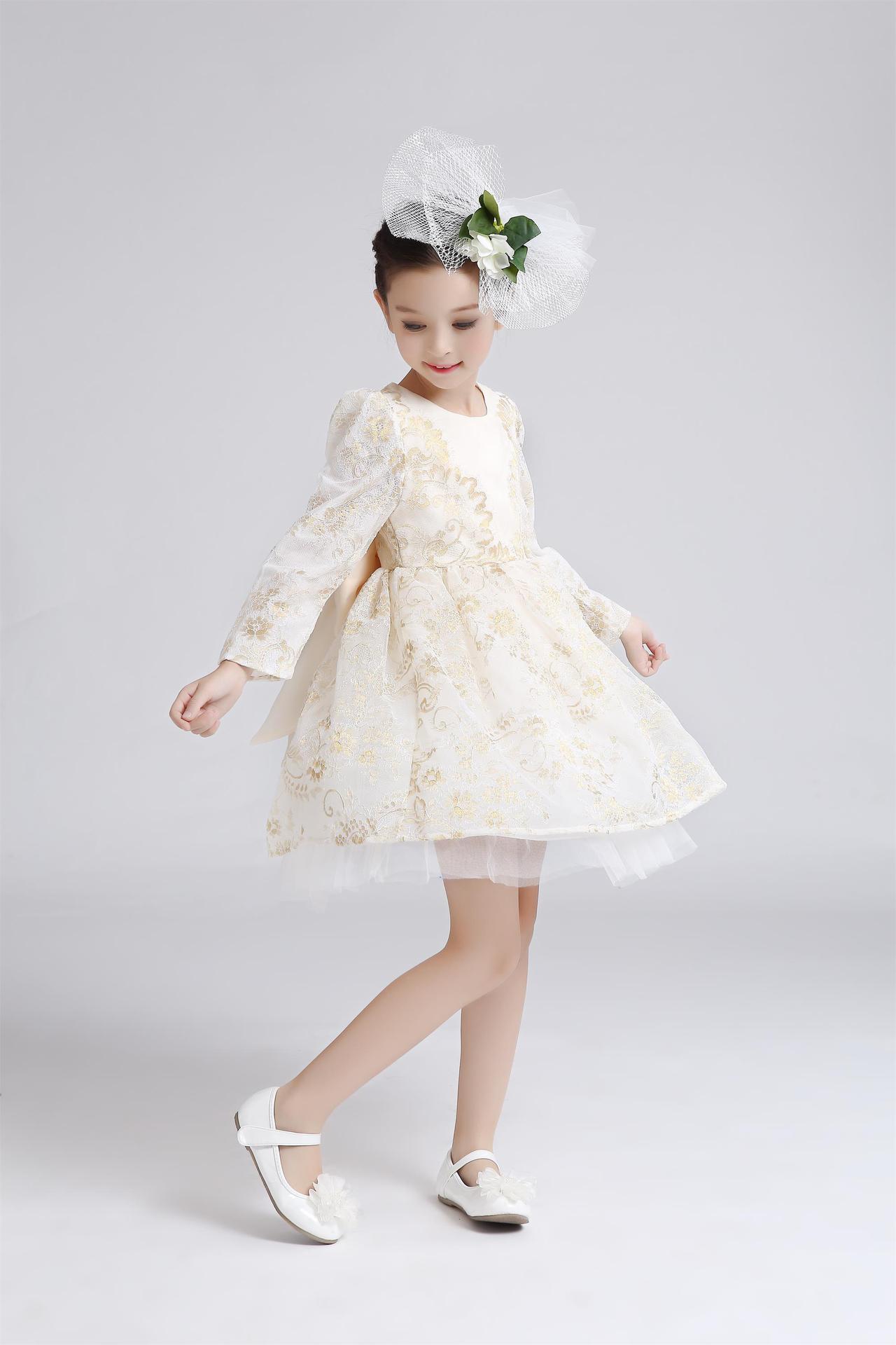 2016秋款新款 儿童礼服裙 女童装童裙上新 高档金丝香槟色公主裙