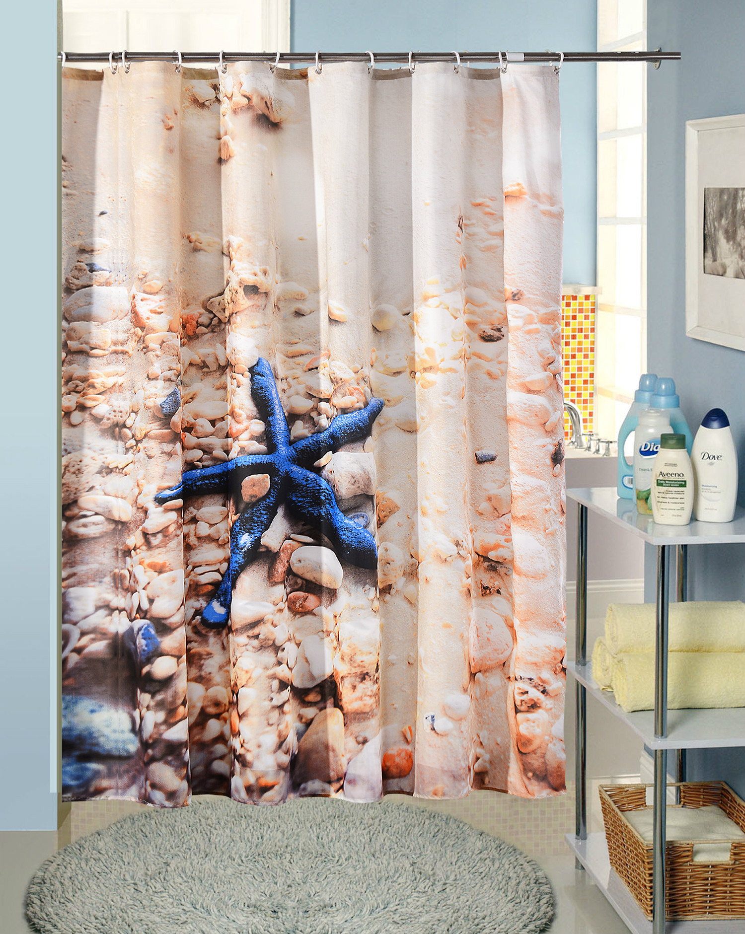 厂家直供 印花浴帘 涤纶浴帘 大版蓝海星卫浴帘 浴室防水帘批发